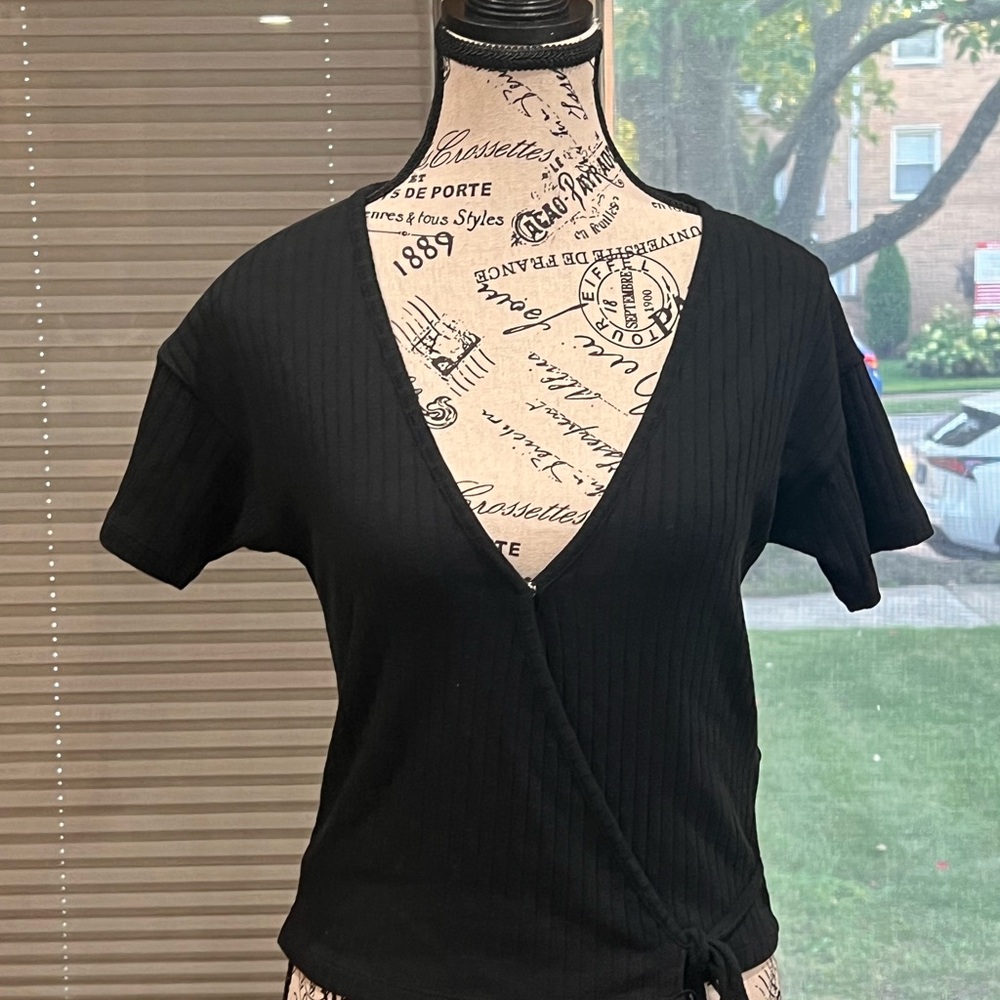 Madewell Black Ribbed Wrap Blouse